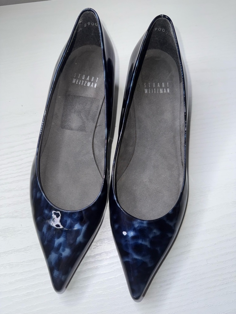 Stuart Weitzman Navy Marble Patent Pointed-Toe Slip-On Pumps Low Kitten Heel 5.5